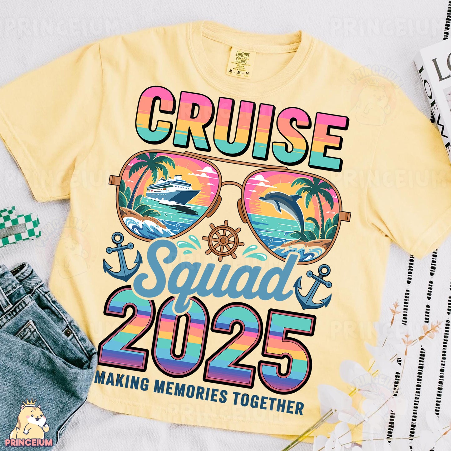 a yellow cruise squad shirt with sunglasses on it