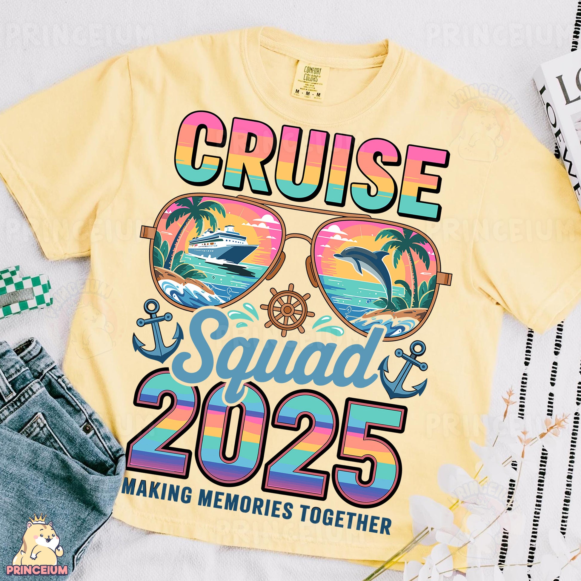 a yellow cruise squad shirt with sunglasses on it