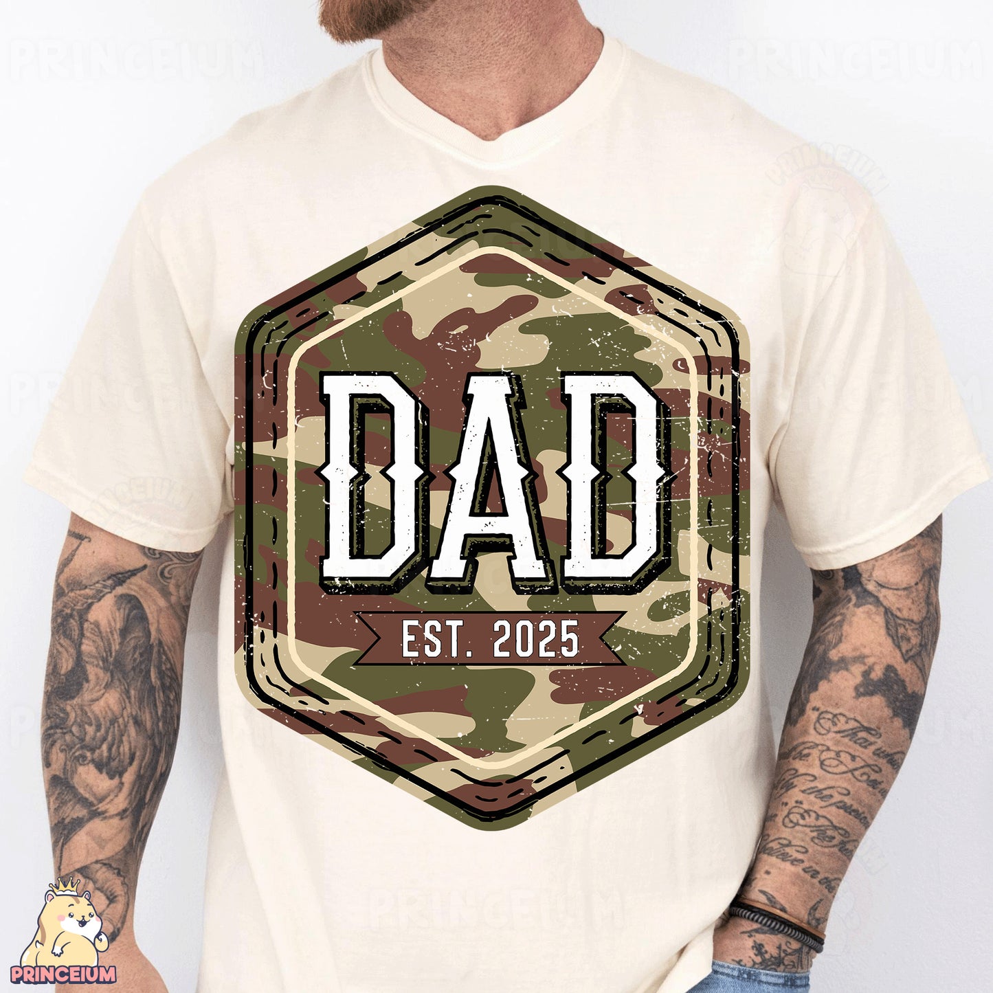 a man wearing a camo shirt with the word dad printed on it