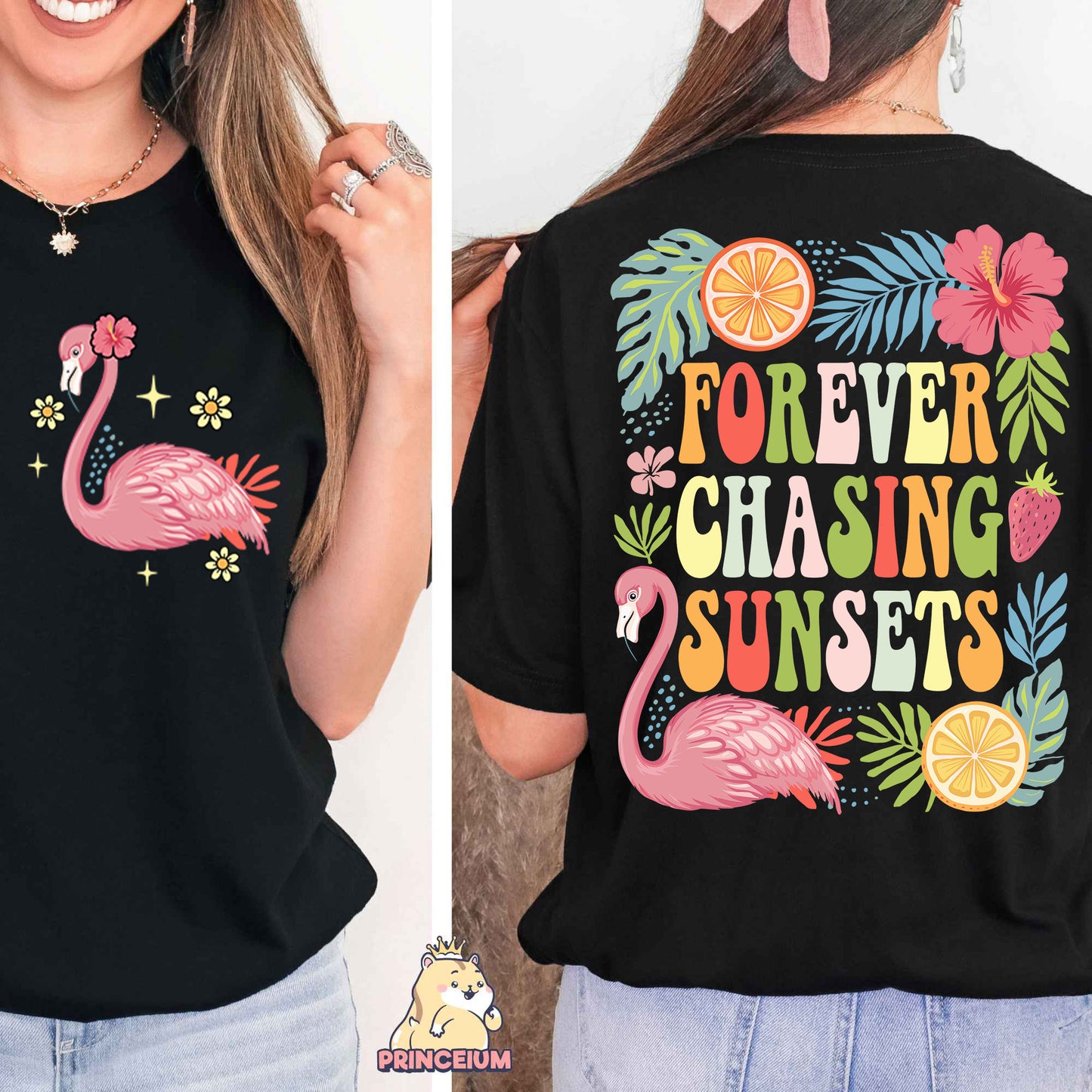 a woman wearing a t - shirt that says forever chasing sunsets