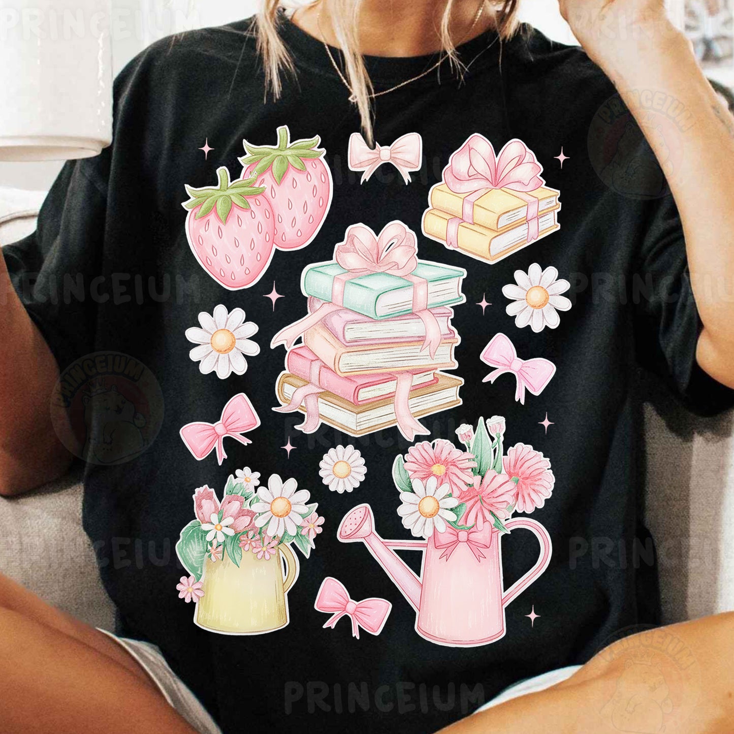 a woman sitting on a couch wearing a black shirt with stickers on it