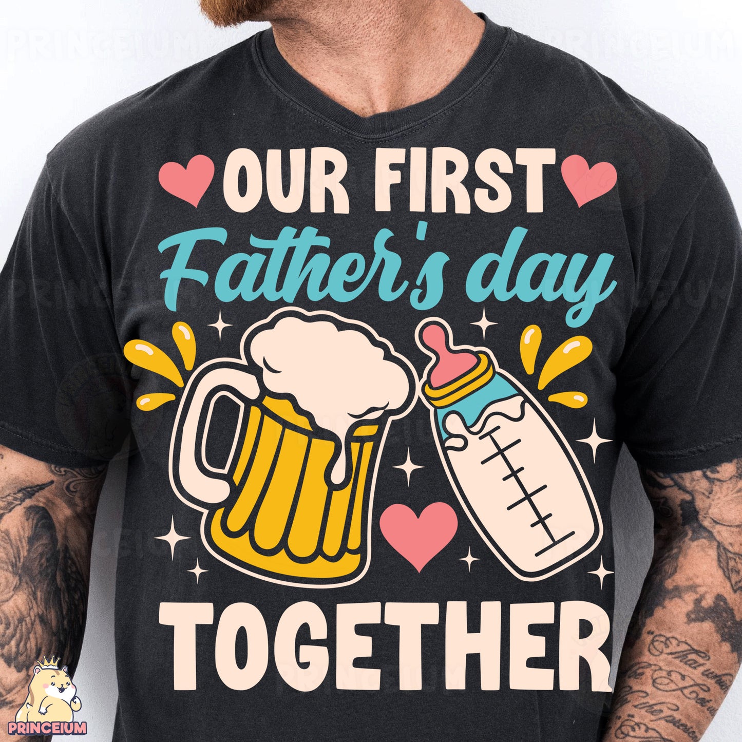 a man wearing a t - shirt that says our first father's day together