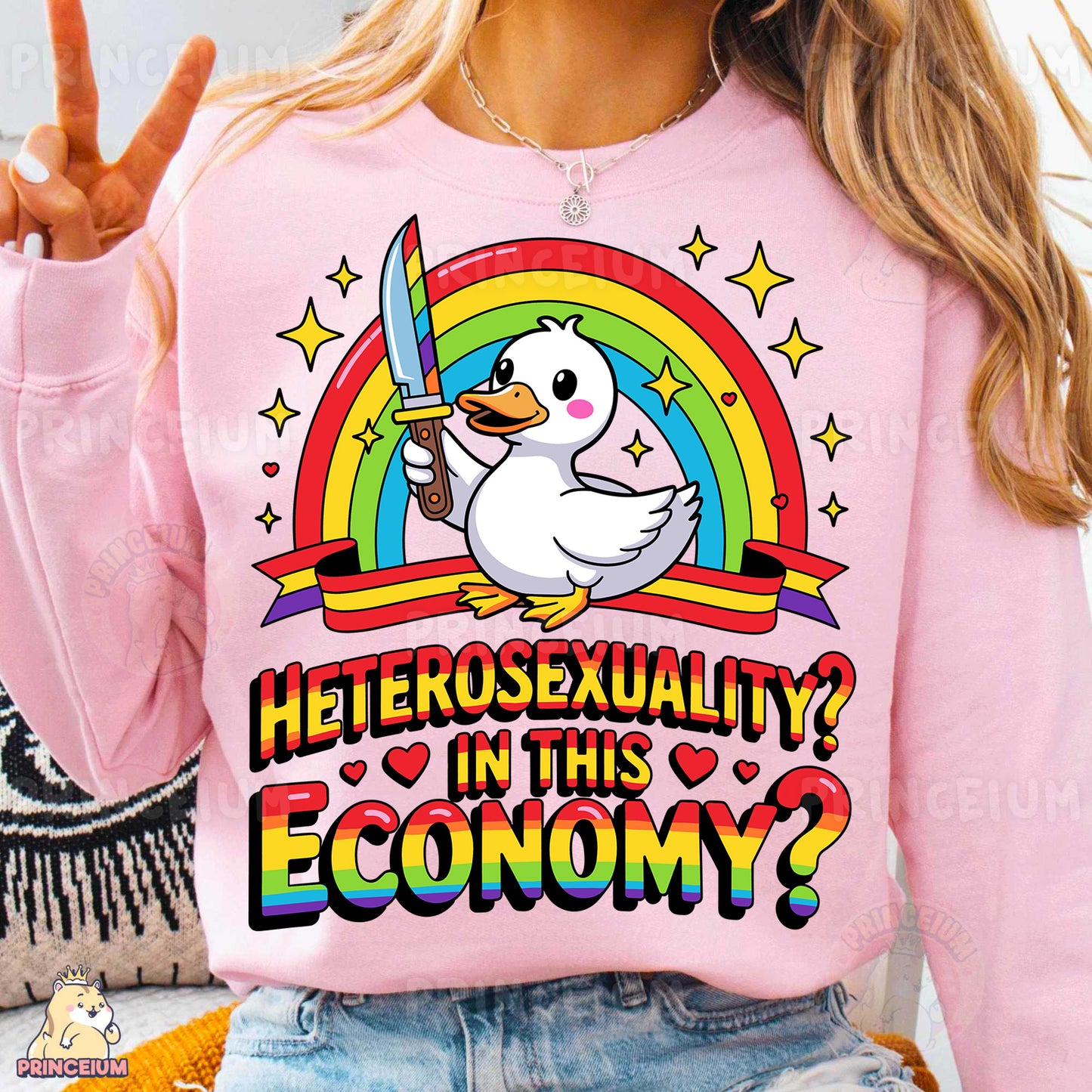 a woman wearing a pink shirt with a duck on it