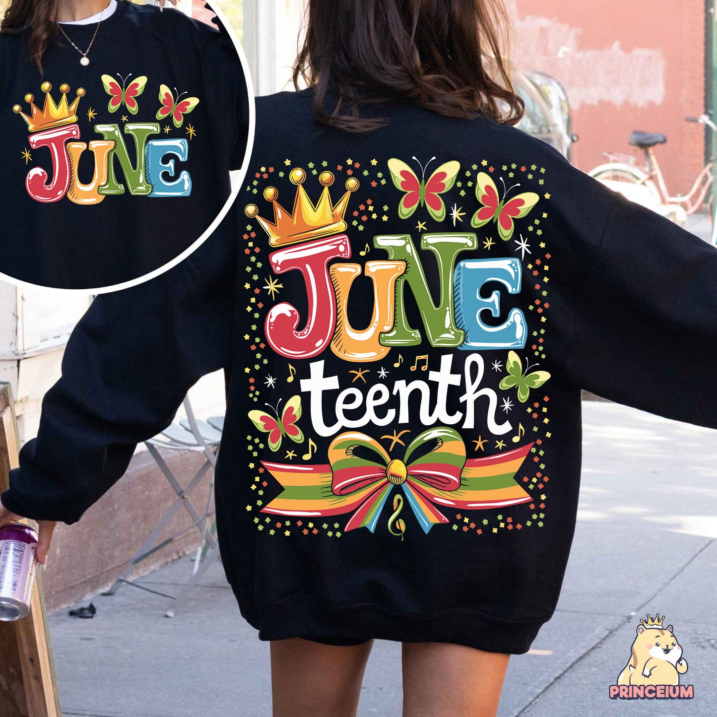the back of a woman's sweatshirt with the word june on it