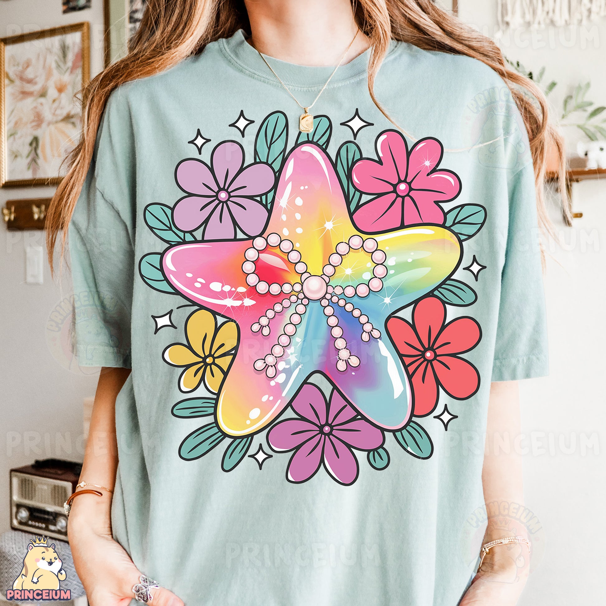 a woman wearing a t - shirt with a flower design on it