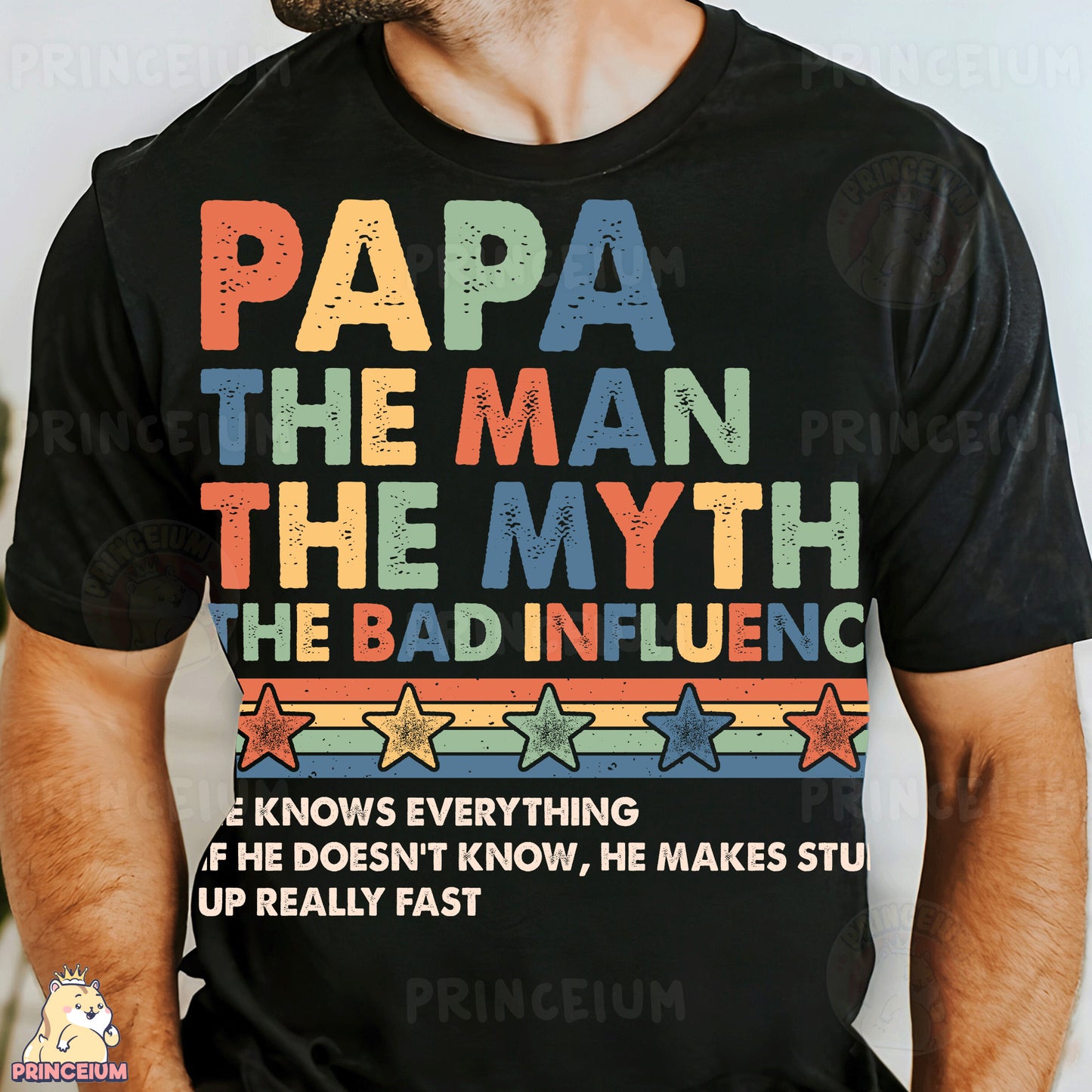 a man wearing a papa the man the myth t - shirt