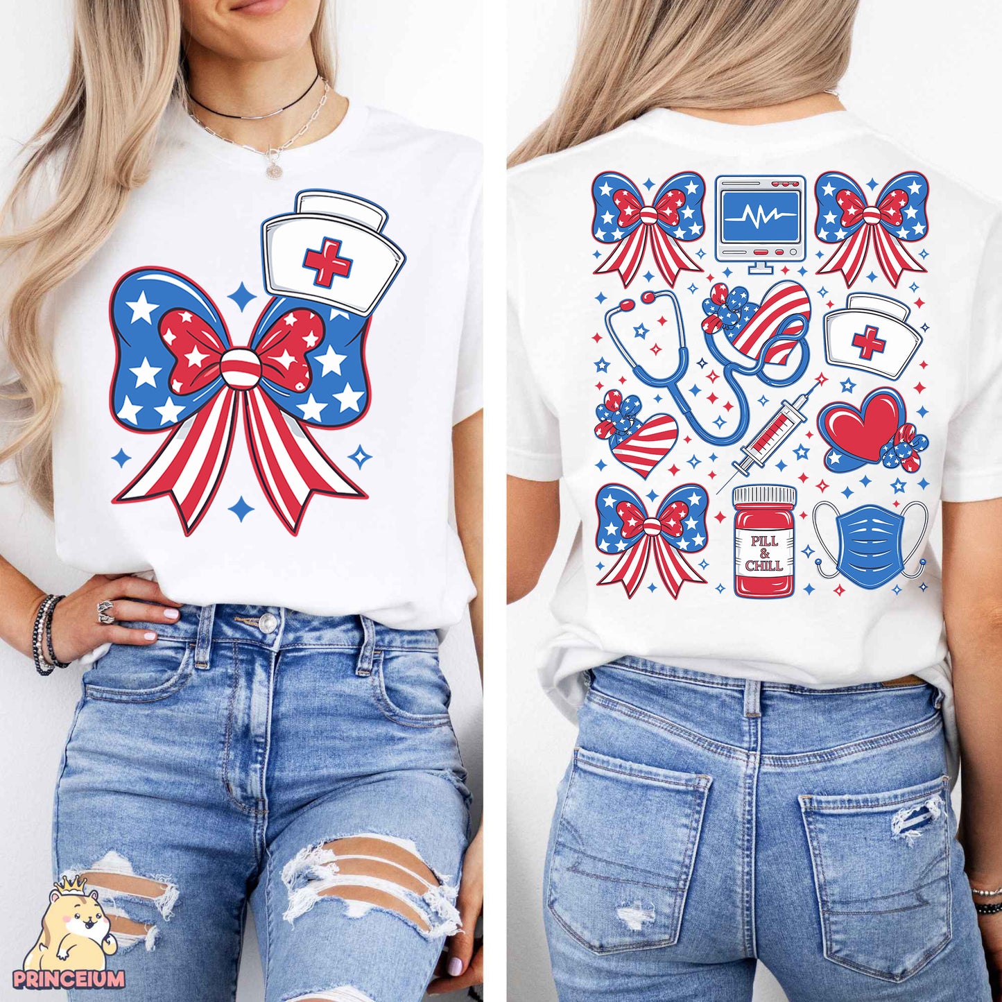 a woman wearing a white shirt with red, white, and blue designs on it