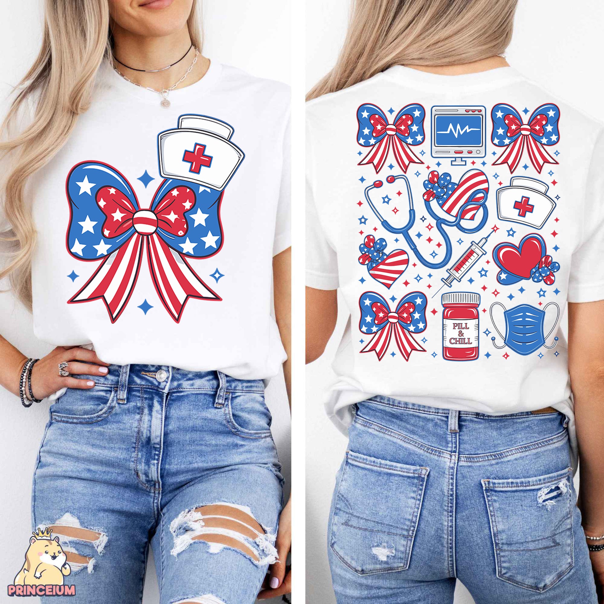 a woman wearing a white shirt with red, white, and blue designs on it