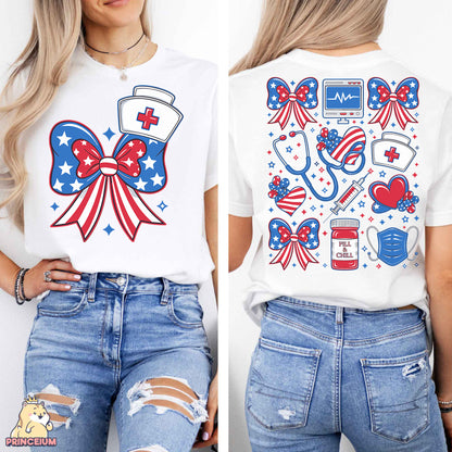 a woman wearing a white shirt with red, white, and blue designs on it