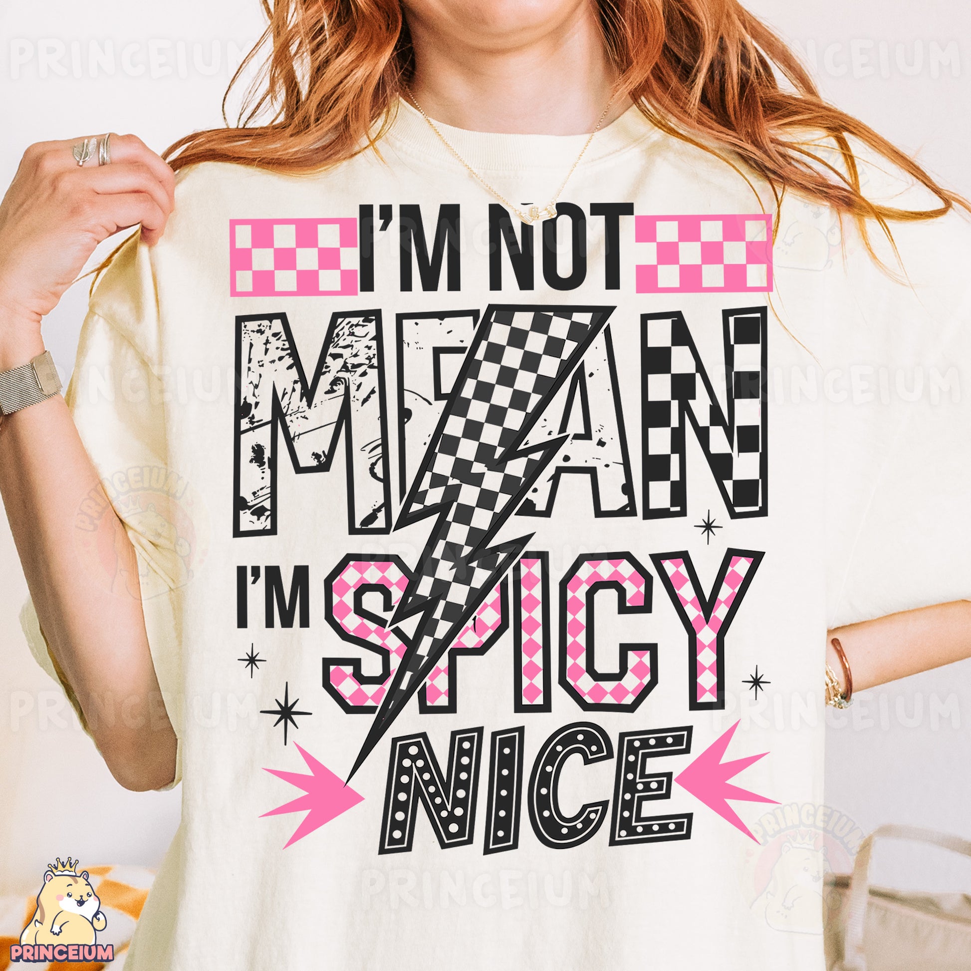 a woman wearing a t - shirt that says i'm not mean i '