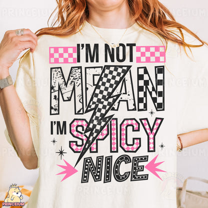 a woman wearing a t - shirt that says i'm not mean i '