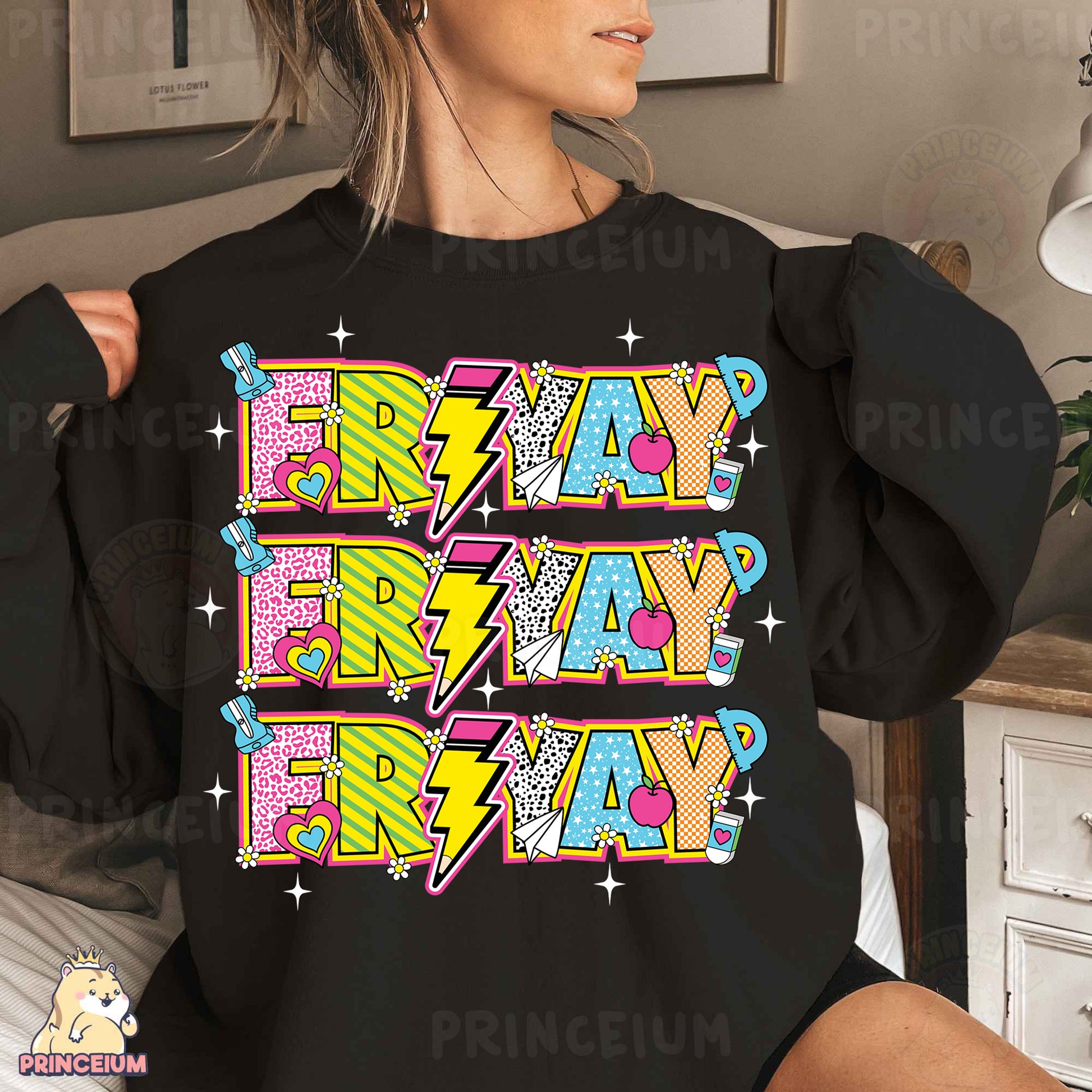 a woman wearing a black sweatshirt with the words stay happy on it