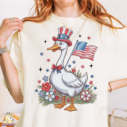 a woman wearing a patriotic t - shirt with a goose on it