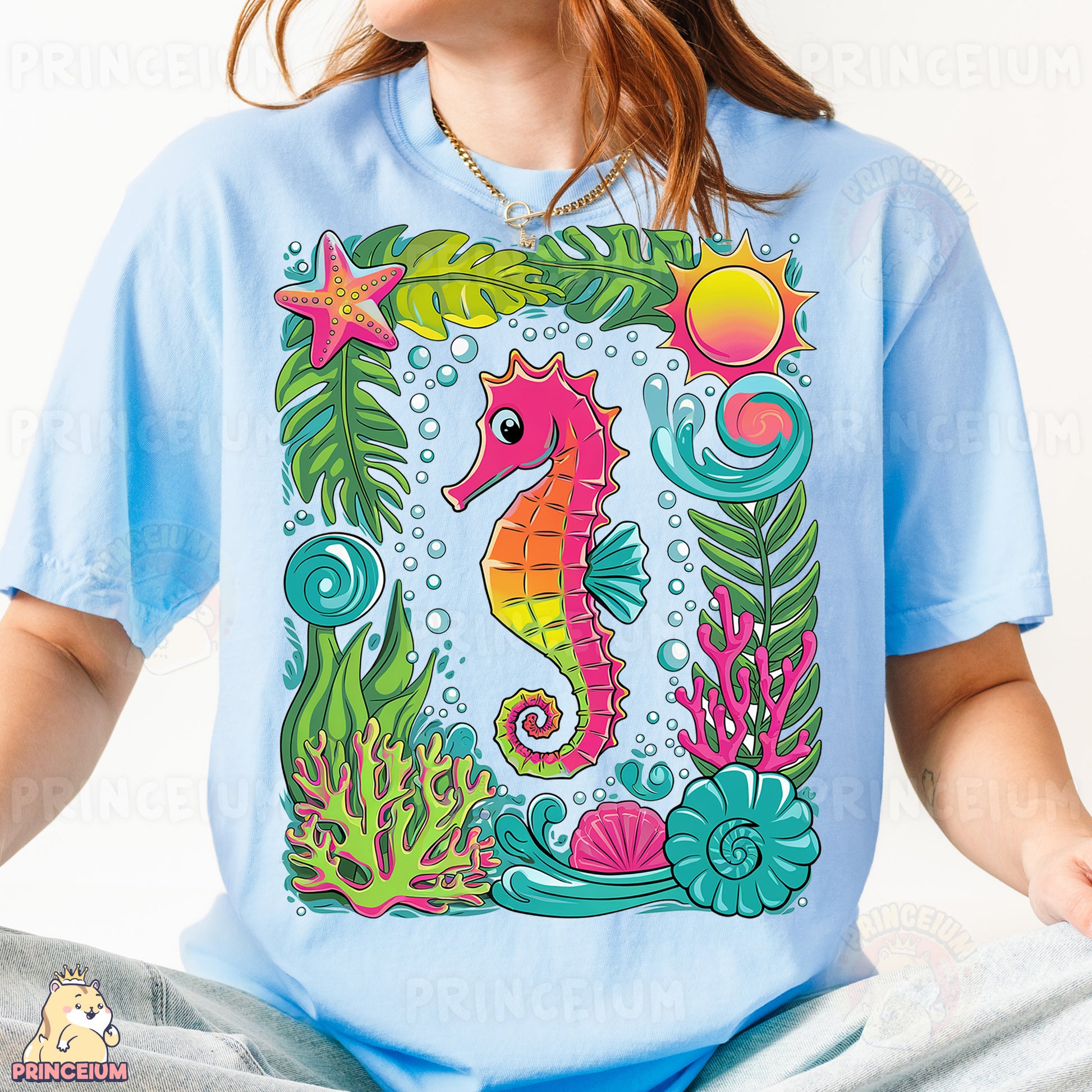 a woman wearing a blue shirt with a sea horse on it