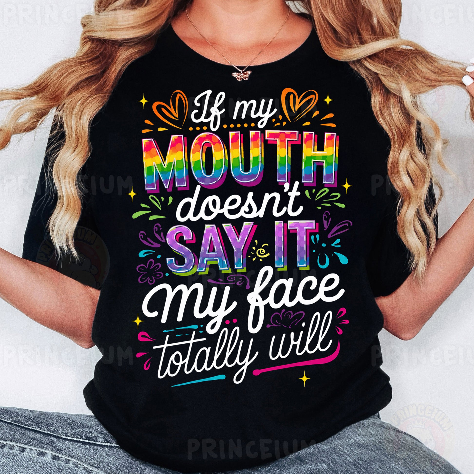 a woman wearing a black t - shirt with the words i'm my mouth