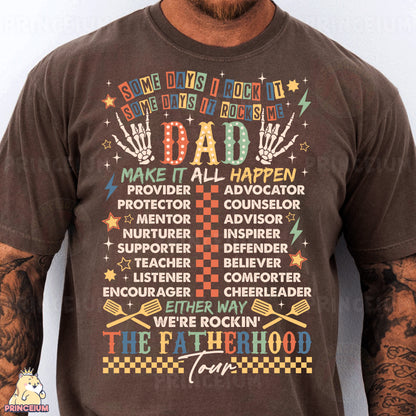 a man wearing a brown t - shirt with the words dad written on it