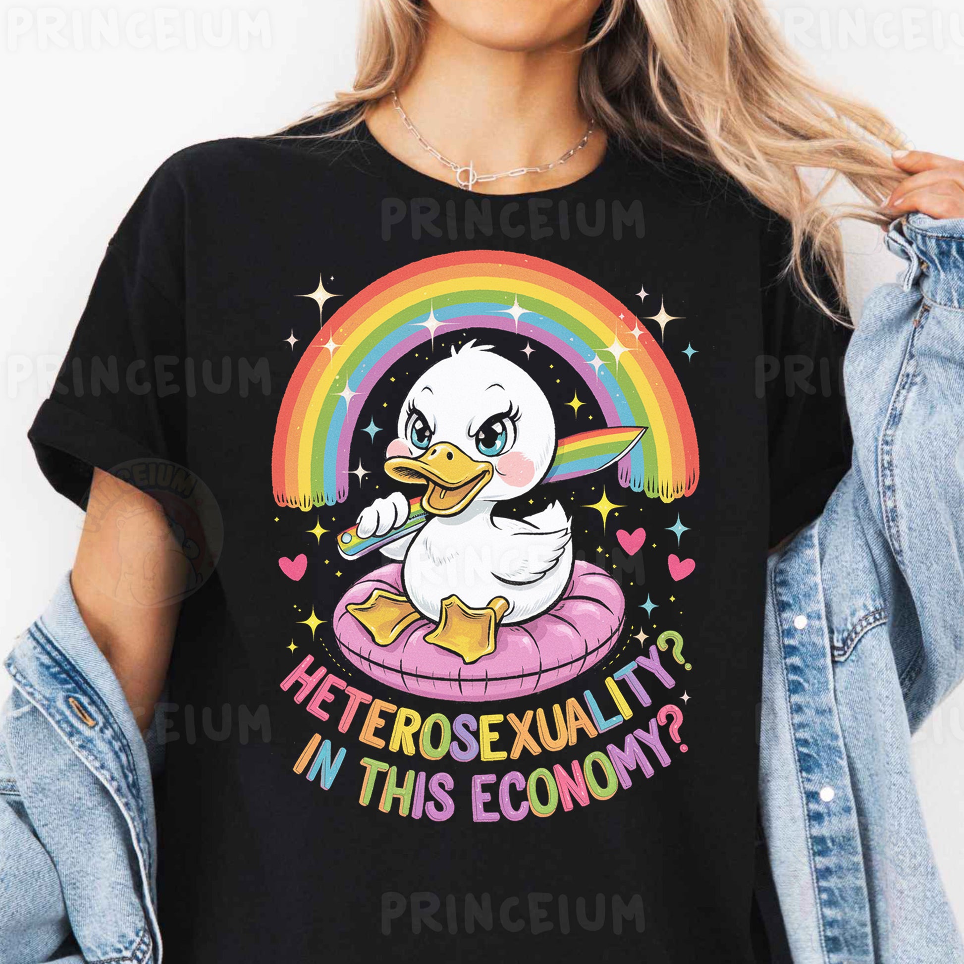 a woman wearing a black t - shirt with an image of a duck on it