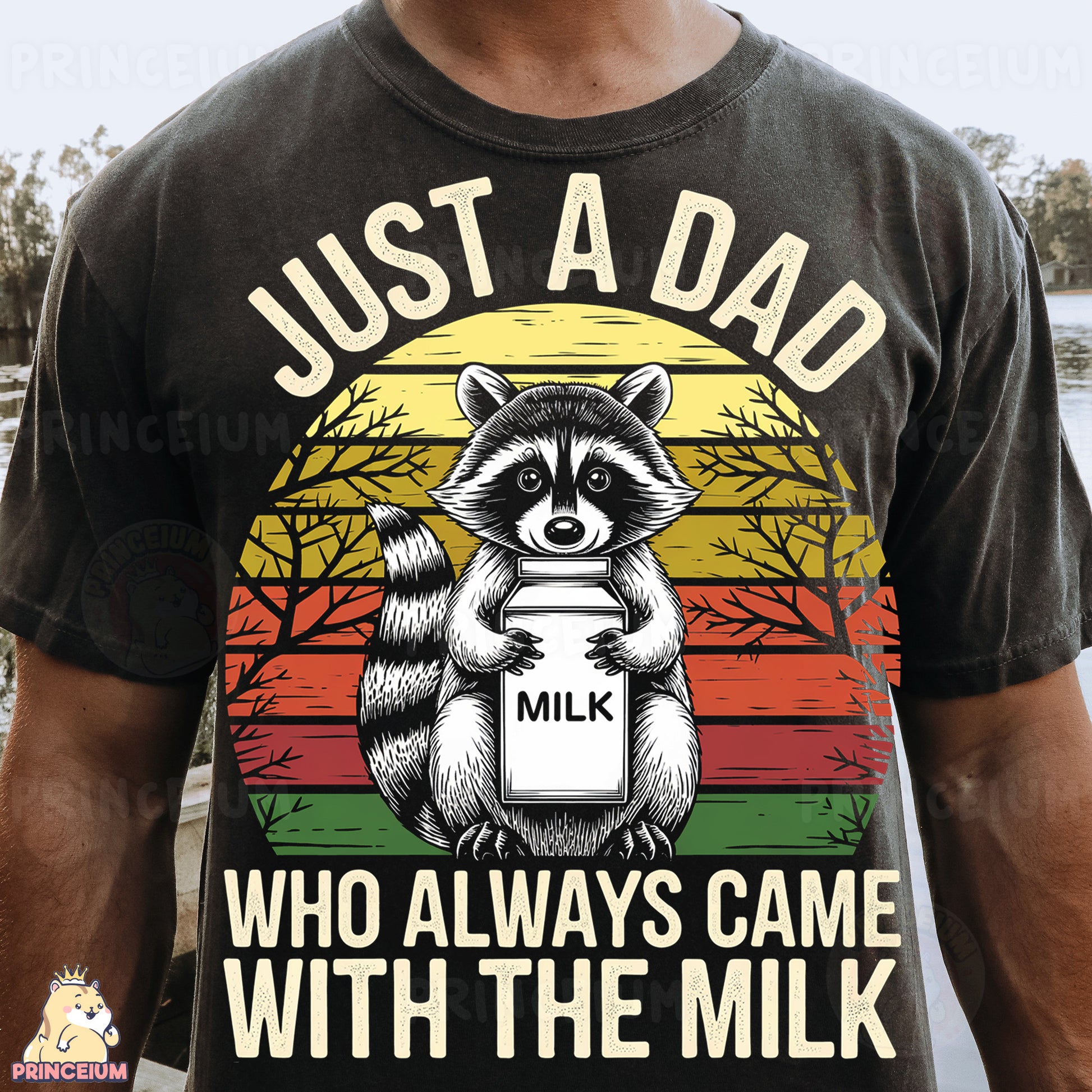 a man wearing a shirt that says just a dad who always came with the milk