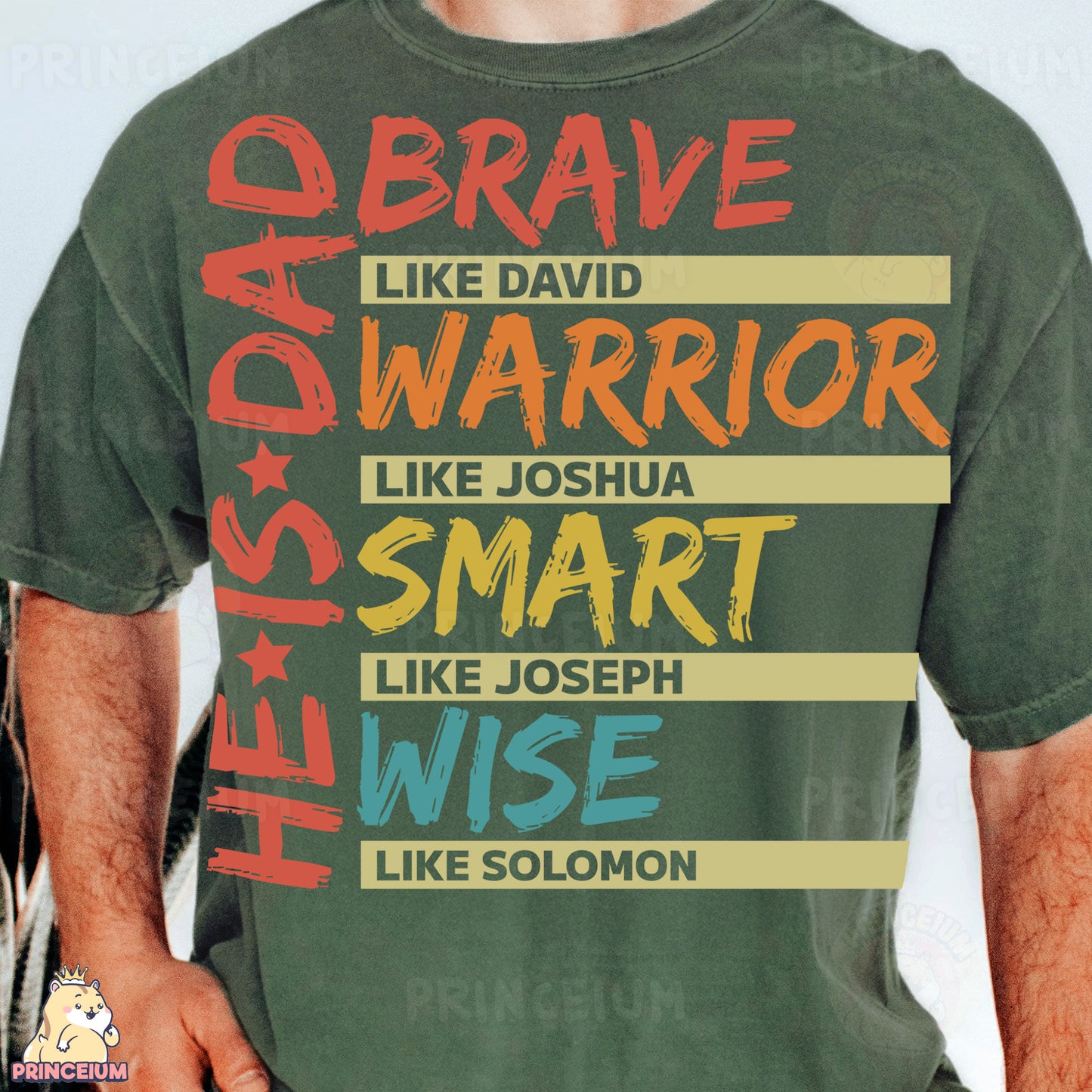 a man wearing a green shirt with words on it
