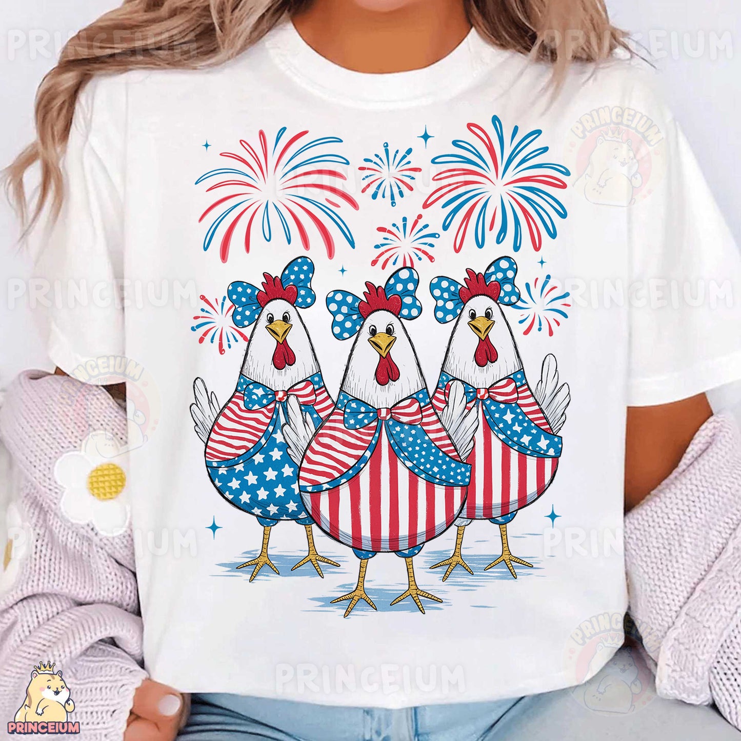 a woman wearing a white t - shirt with red, white and blue roosters