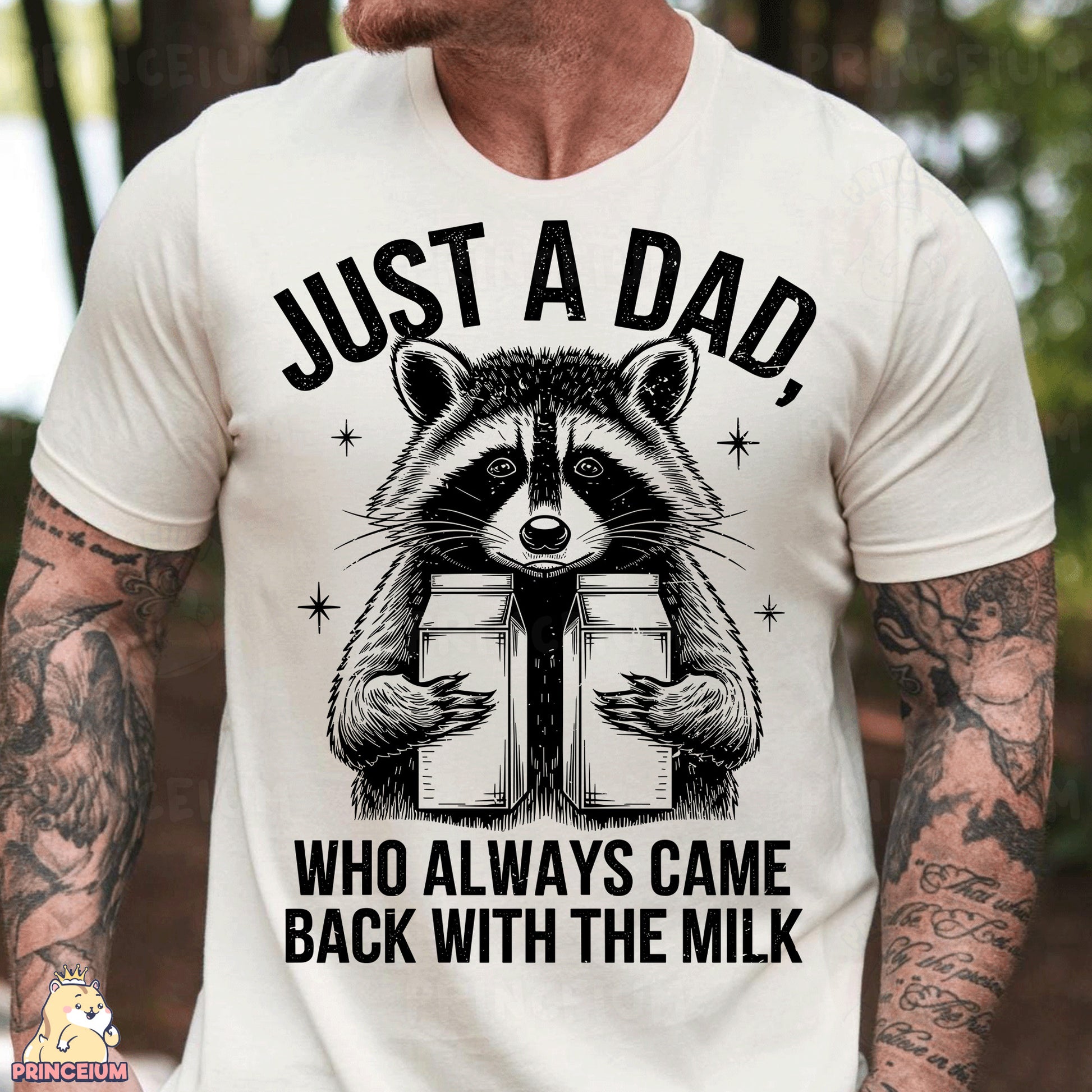 a man wearing a white t - shirt with a raccoon reading a book