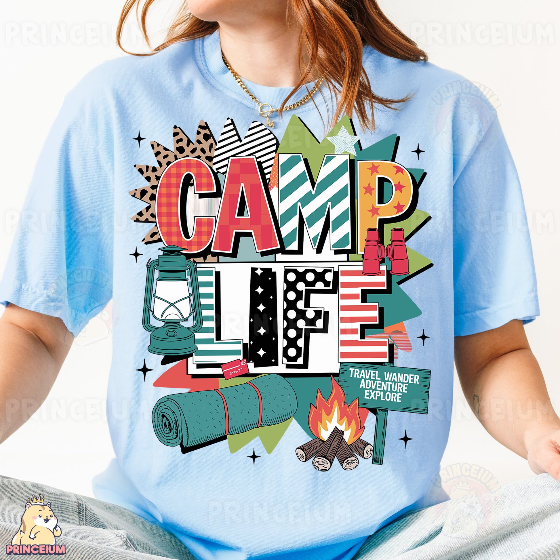 a girl wearing a t - shirt that says camp life