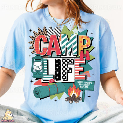 a girl wearing a t - shirt that says camp life