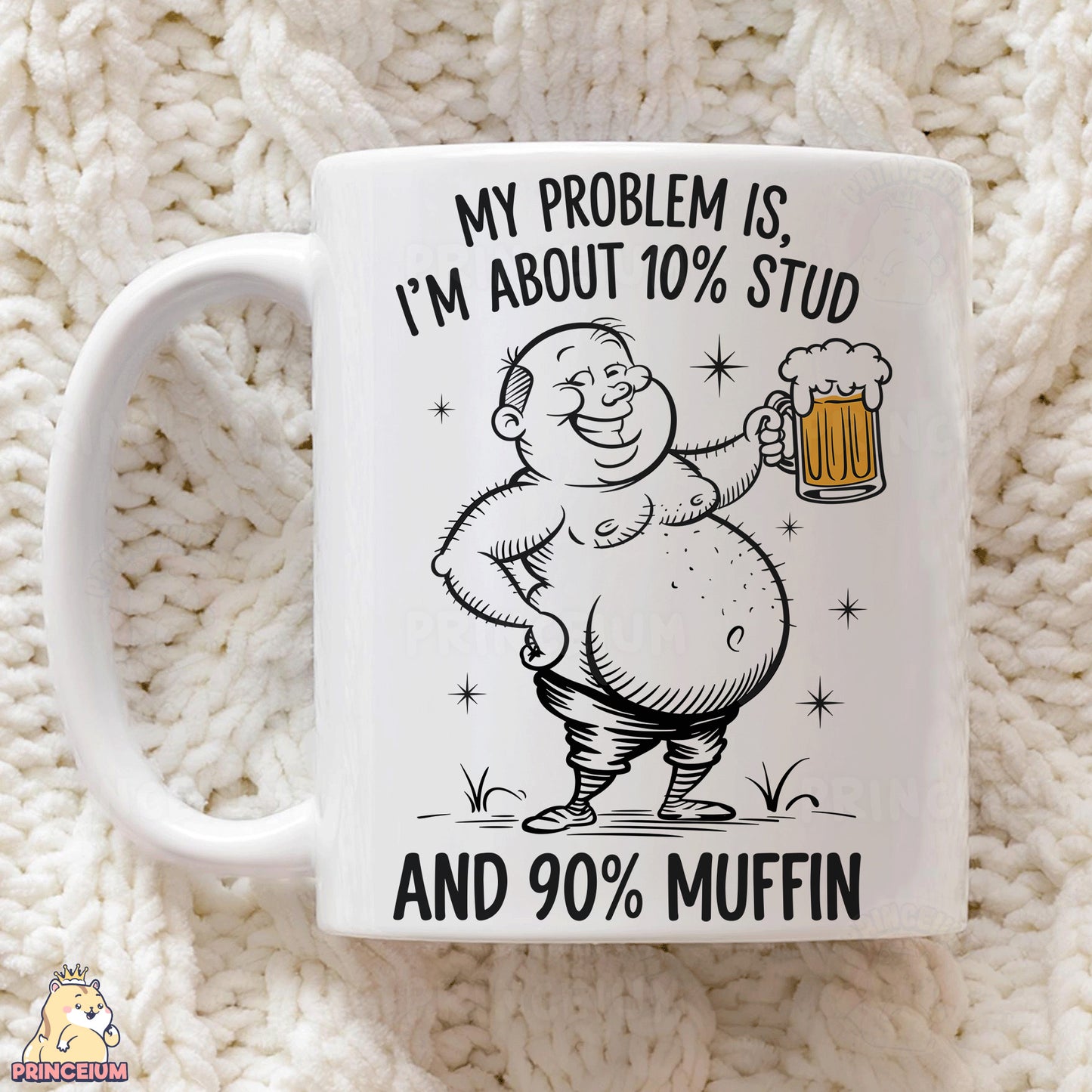 a white coffee mug with a cartoon character holding a mug of beer