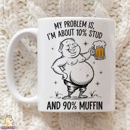 a white coffee mug with a cartoon character holding a mug of beer