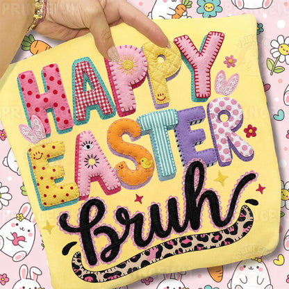 Happy Easter Bruh PNG, Patchwork Bunny Lettering Art, Cute Funny Easter Quote Clipart