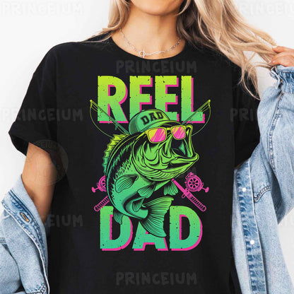 a woman wearing a t - shirt that says reel dad