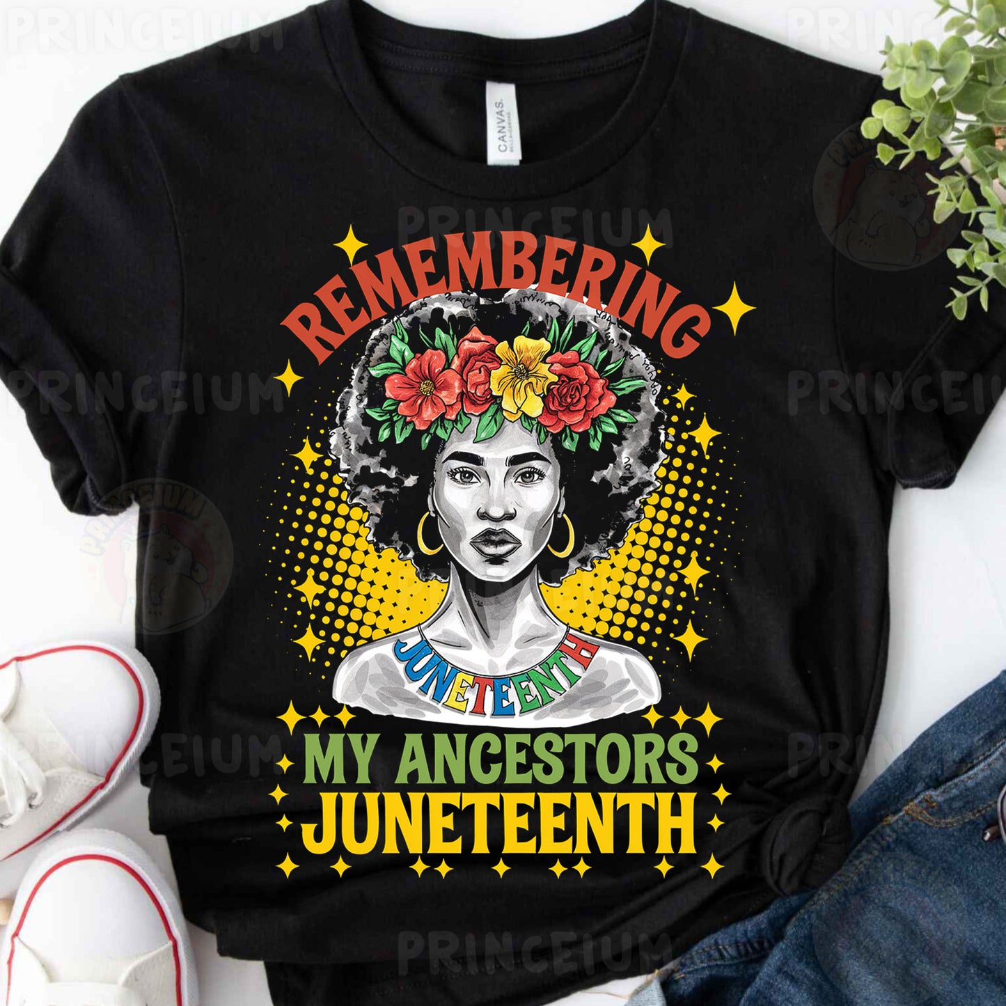 a black woman with flowers in her hair wearing a t - shirt