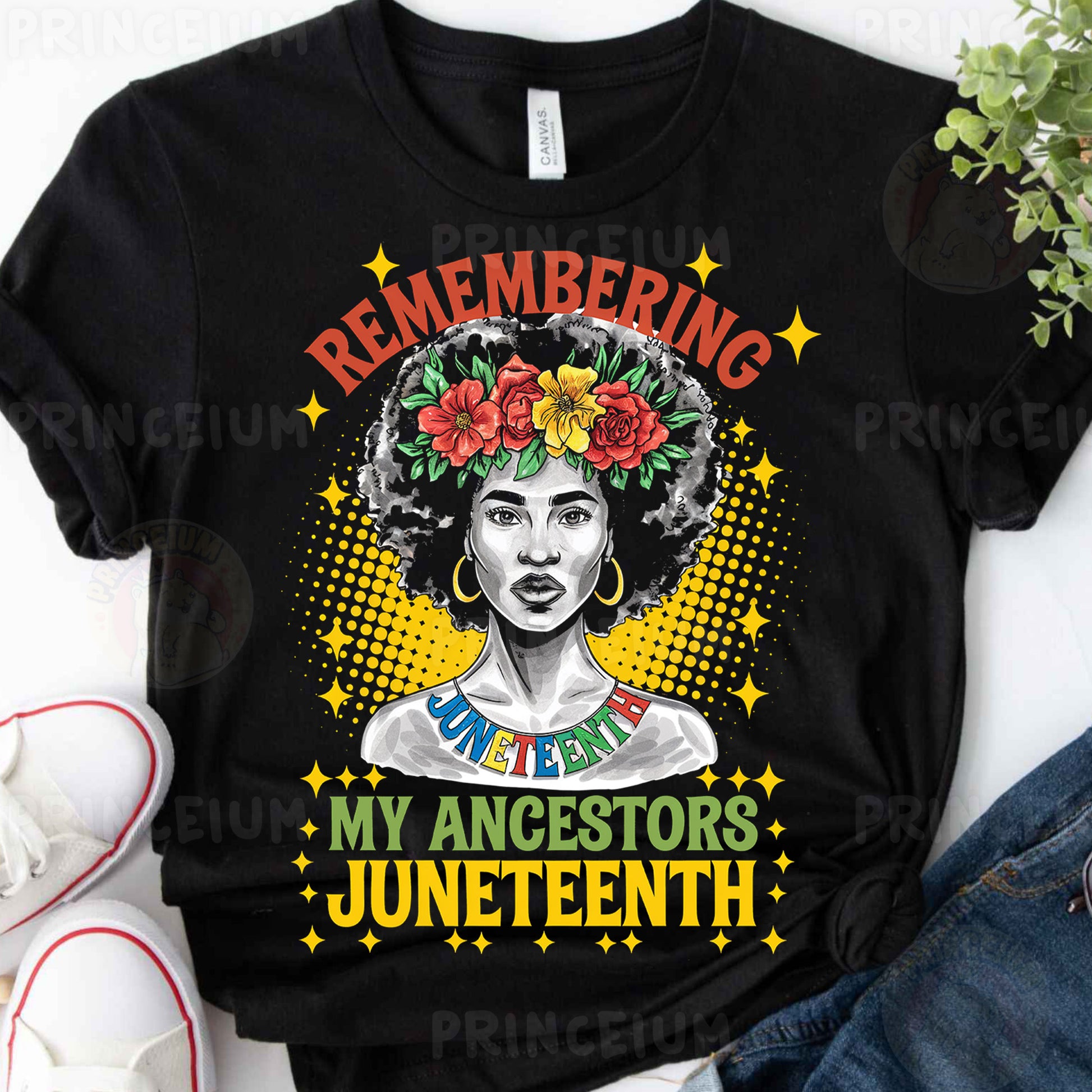 a black woman with flowers in her hair wearing a t - shirt