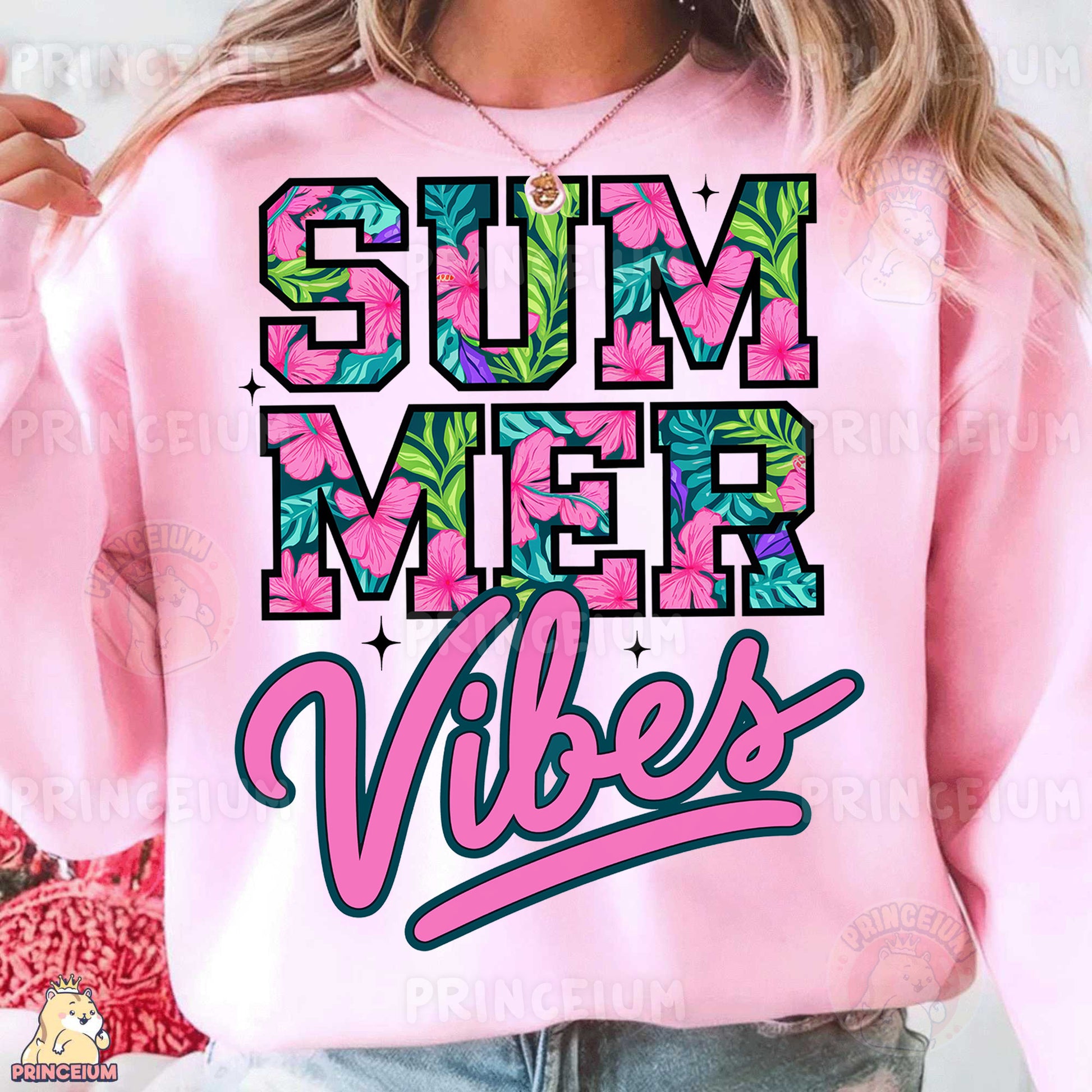 a woman wearing a pink sweatshirt that says,'summer vibes '