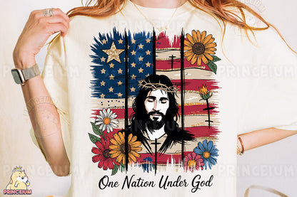 a woman wearing a t - shirt with a picture of jesus on it