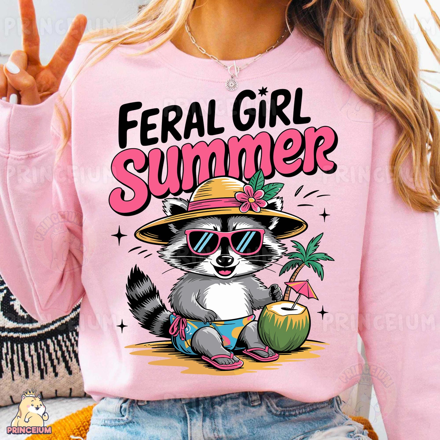 a woman wearing a pink shirt with a raccoon wearing a hat and sunglasses