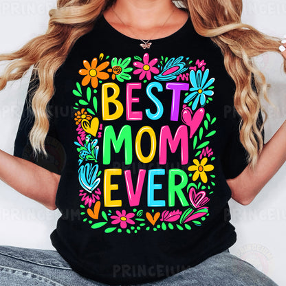 a woman wearing a black best mom ever t - shirt
