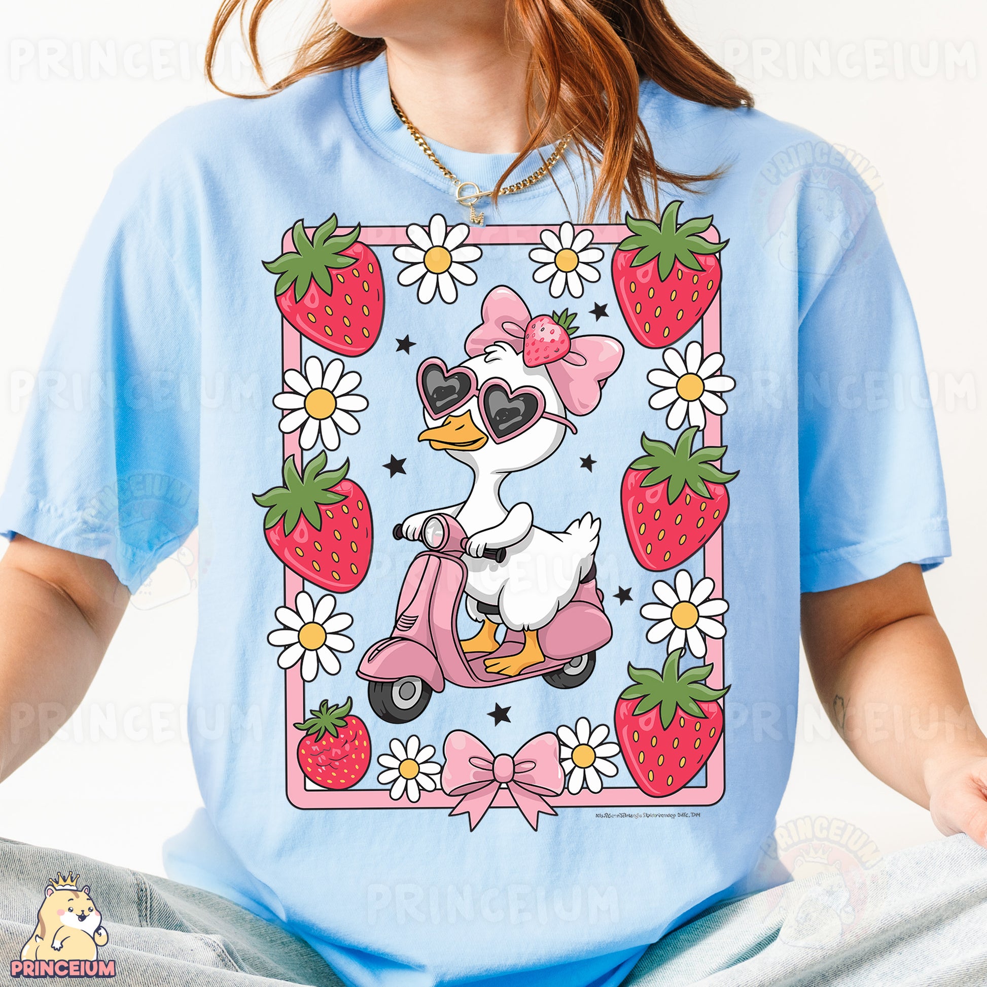 a woman wearing a blue shirt with a duck riding a scooter