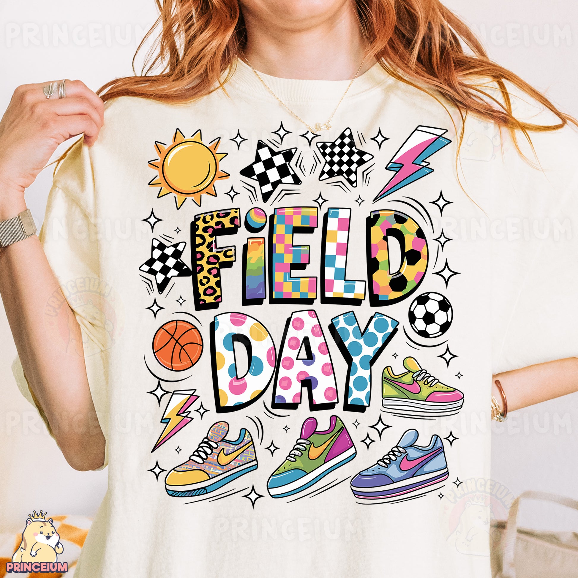 a woman wearing a t - shirt that says field day