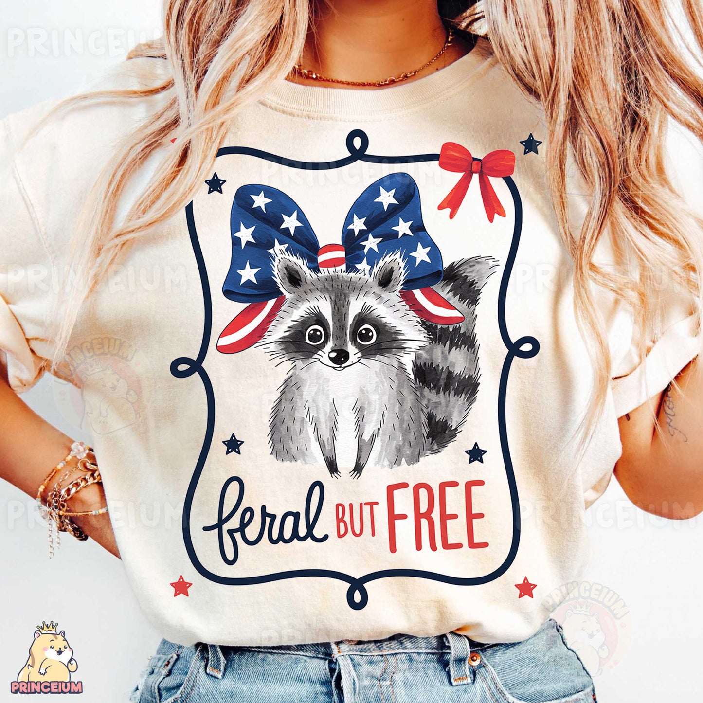 a woman wearing a t - shirt with a raccoon on it