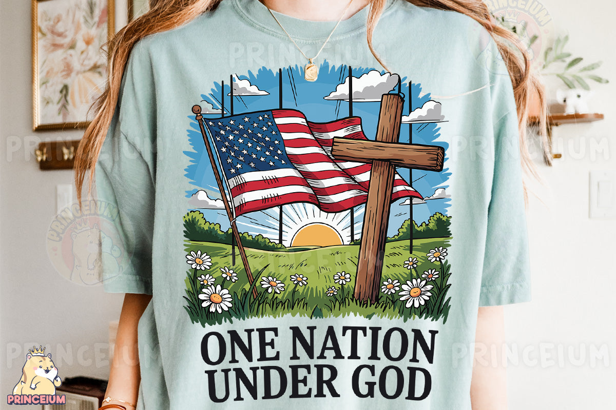 a woman wearing a one nation under god t - shirt