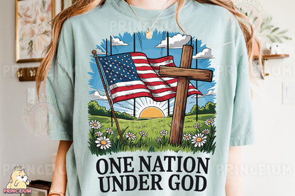 a woman wearing a one nation under god t - shirt