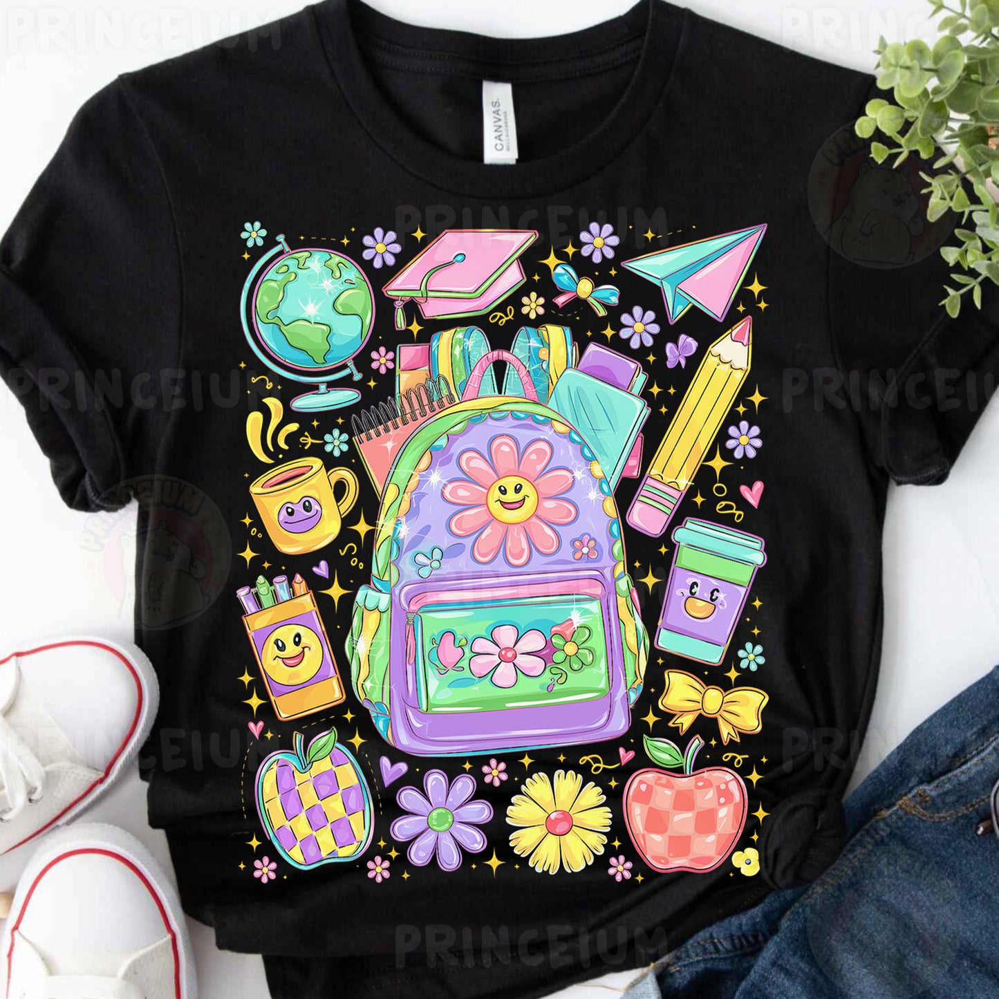 a t - shirt with a backpack and school supplies on it