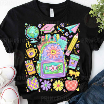 a t - shirt with a backpack and school supplies on it