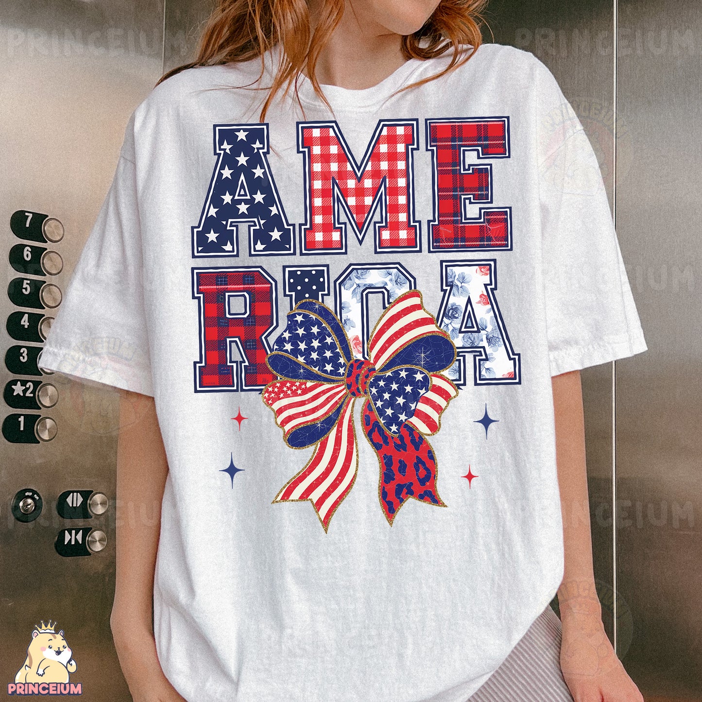 a woman wearing a white t - shirt with an american flag bow