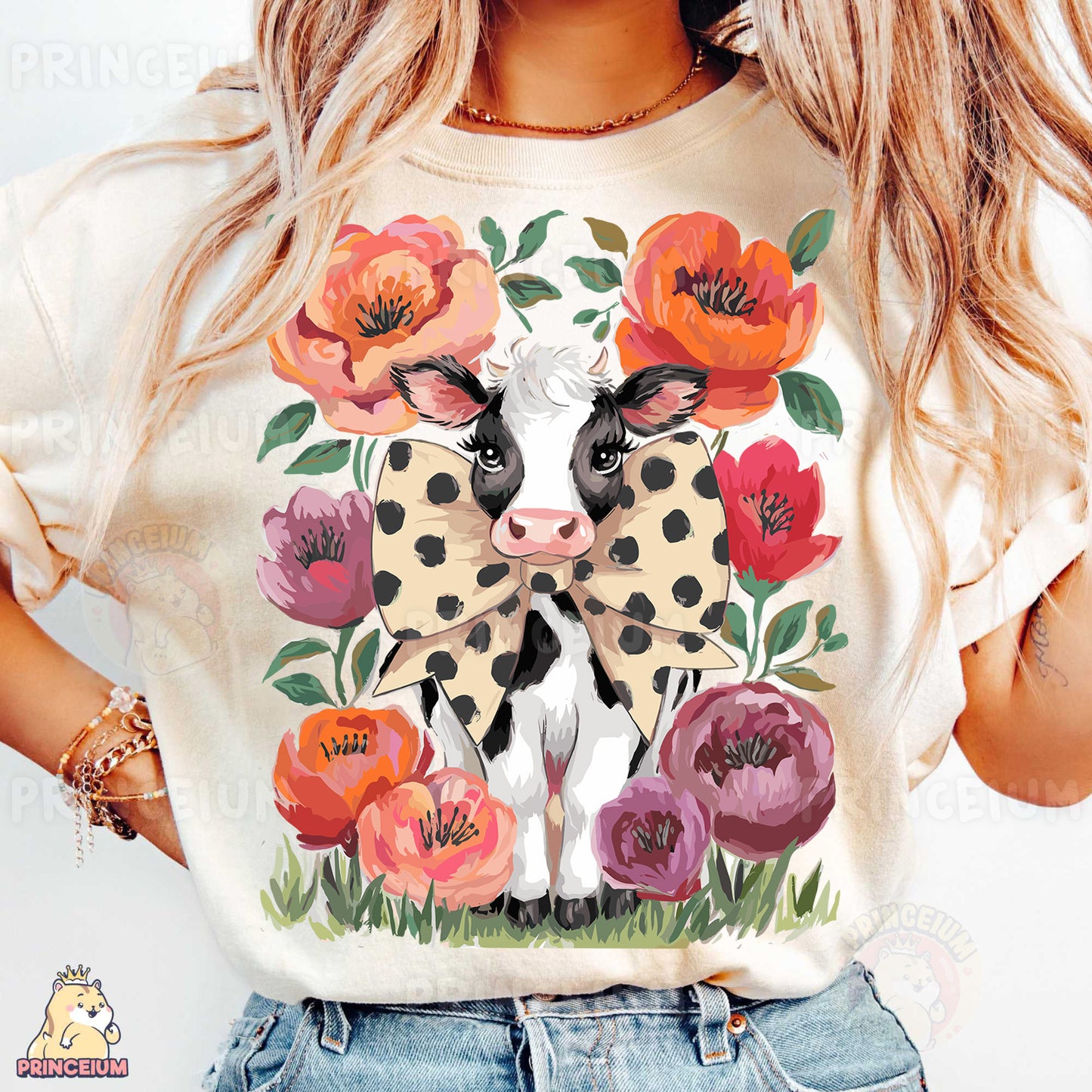 a woman wearing a t - shirt with a cow and flowers on it