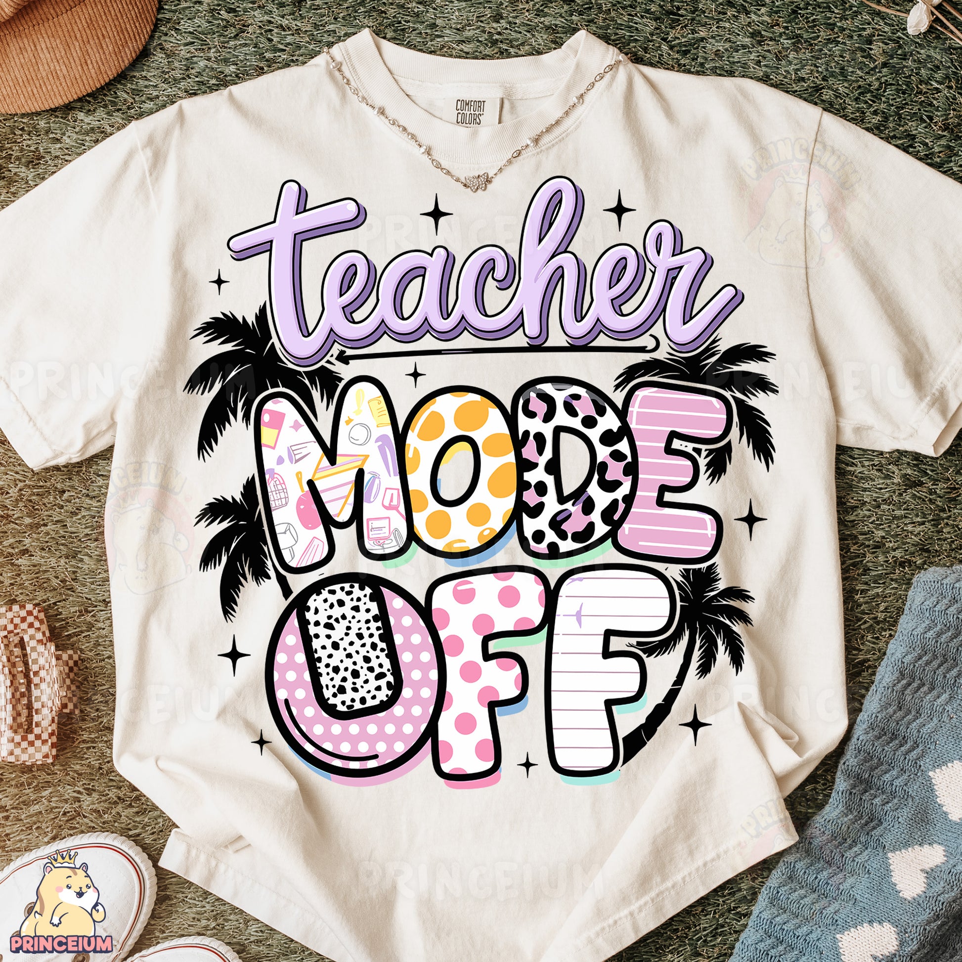 a t - shirt that says teacher mode off with palm trees