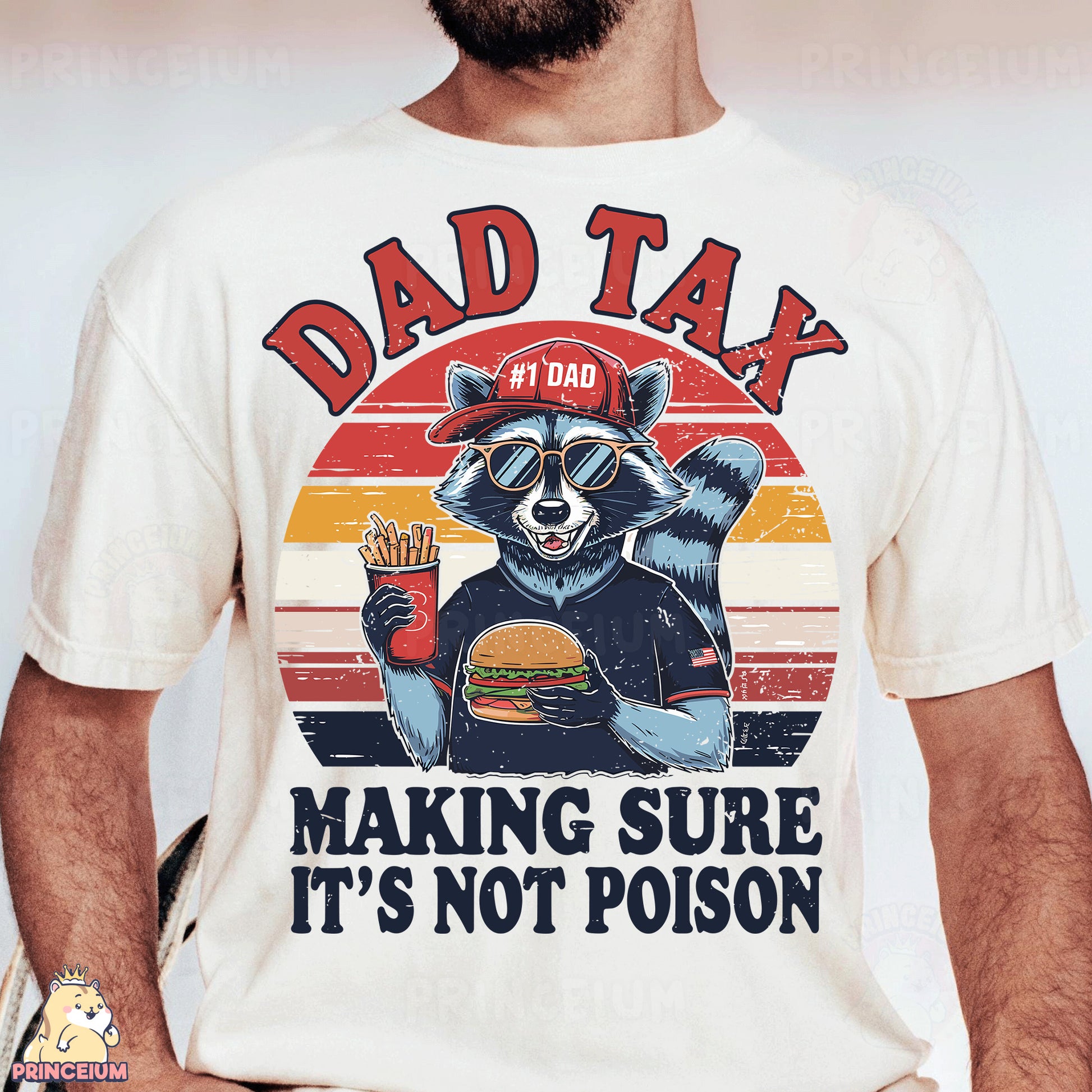 a man wearing a shirt that says dad tax making sure it's not po