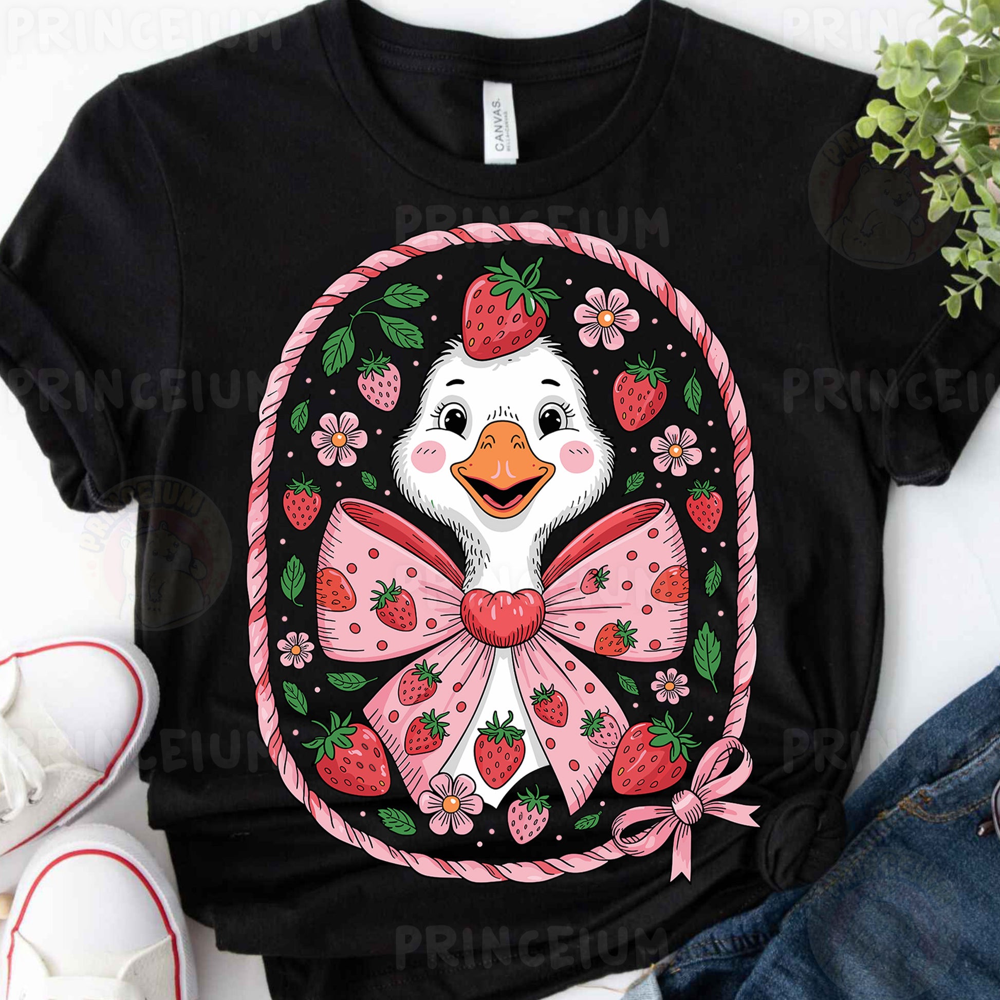 a t - shirt with a duck wearing a bow and strawberries
