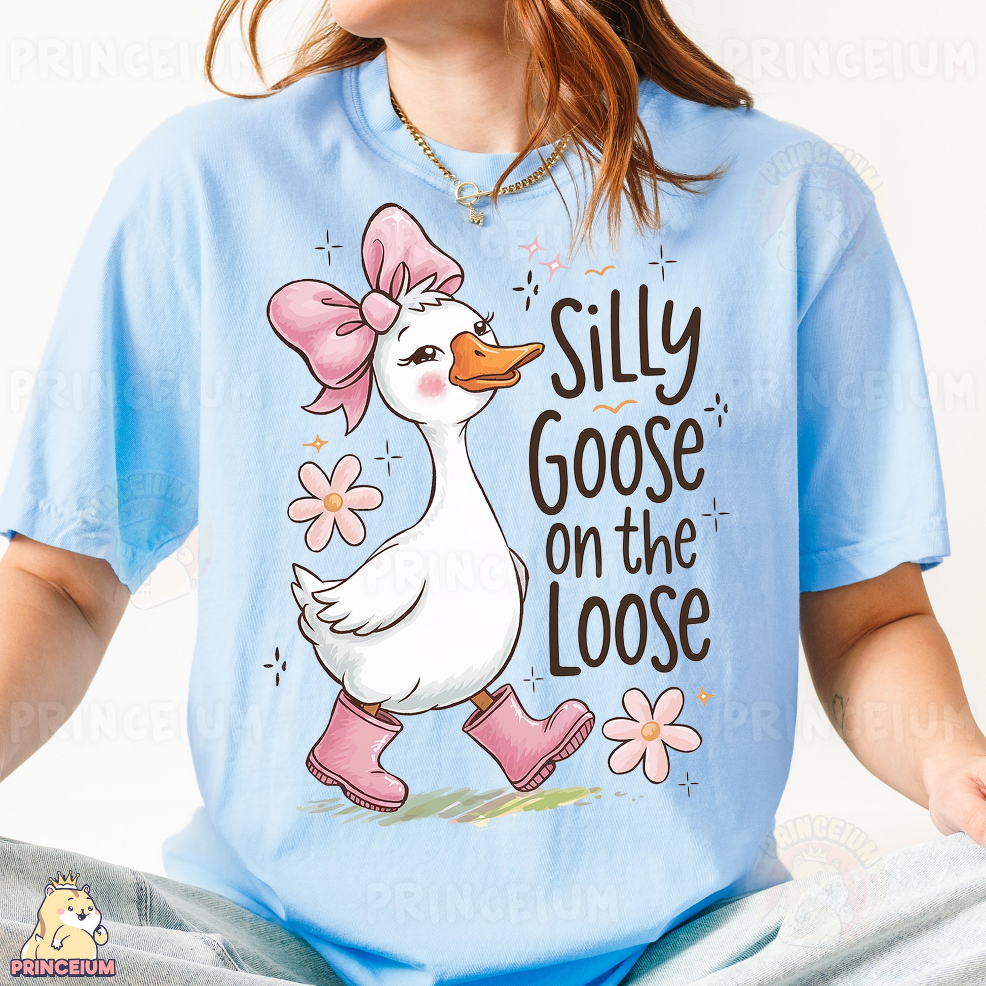 a girl wearing a silly goose on the loose t - shirt